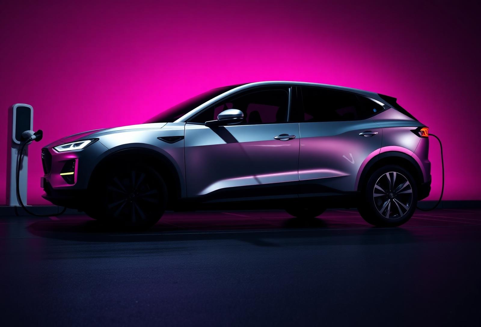 An electric SUV connected to a charging post